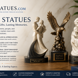 Collection of personalized gift statues including a romantic couple sculpture, bronze eagle award statue, and mother-and-child figure displayed as meaningful gifts for special occasions.