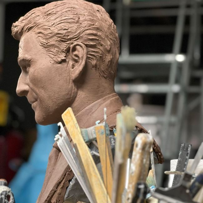 Clay portrait study of Rod Serling during the monument sculpting process
