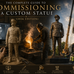 Illustration of the custom statue creation process showing concept sketching, 3D modeling, sculpting, bronze casting, engineering, and final monument installation.