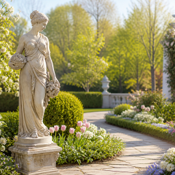classical garden statue in spring landscape with blooming flowers