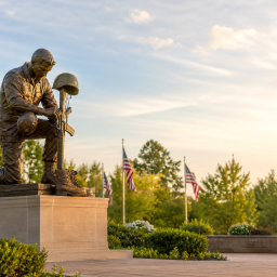 bronze memorial statue in outdoor garden for Memorial Day tribute