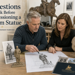 A couple reviews custom statue plans with a sculpture consultant while examining design sketches, reference photos, and scale models in a professional sculpture studio.
