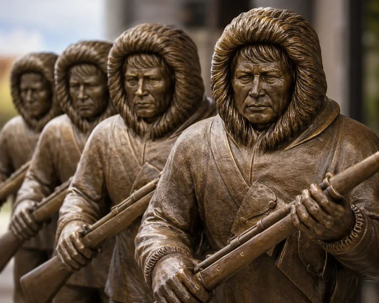 Bronze Alaska Territorial Guard memorial figures in cold-weather clothing holding period rifles