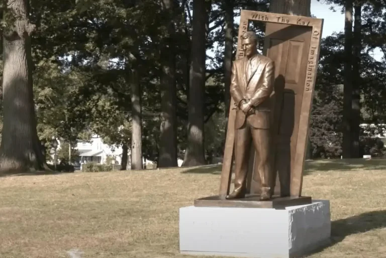 Rod Serling bronze memorial installed among mature trees in Recreation Park, Binghamton