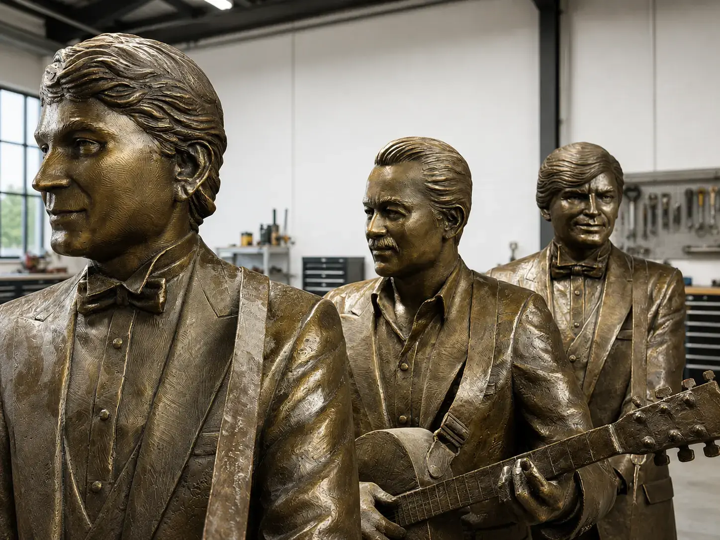 Everly Brothers and John Prine bronze public statues in the sculpture studio