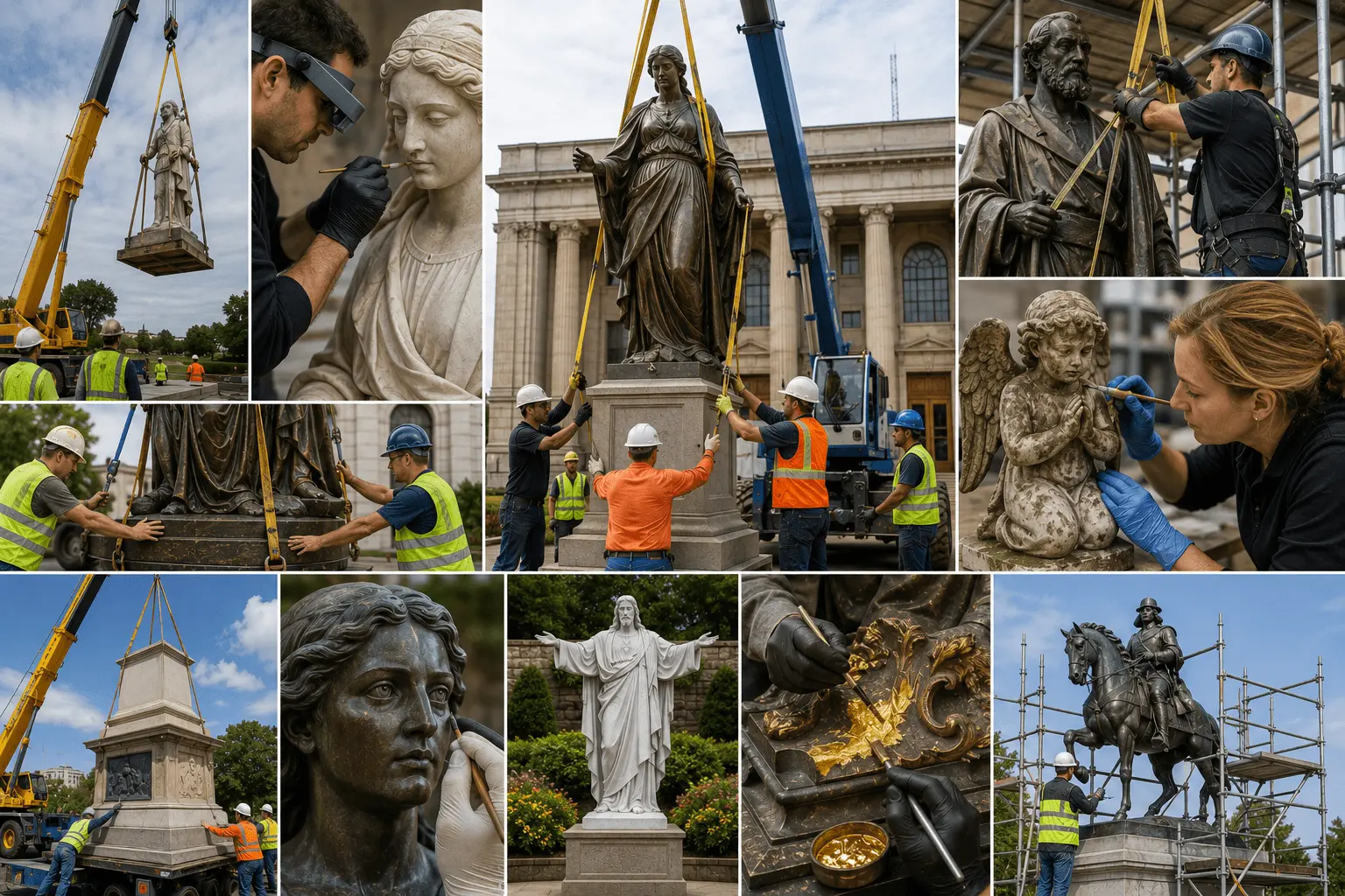 Statue maintenance and preservation through inspection, cleaning, documentation, and material-specific care
