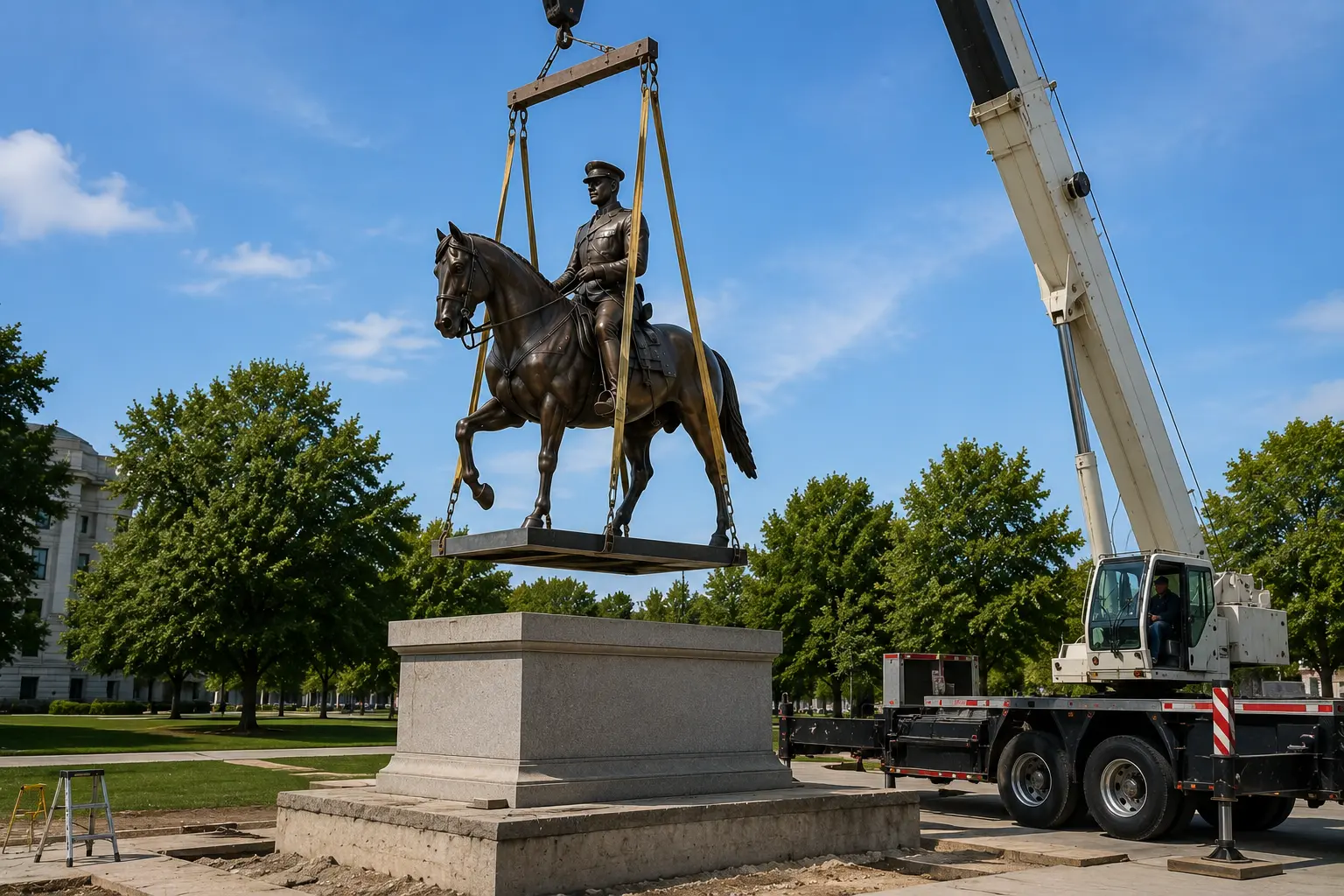 Crane installation of public monument