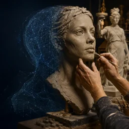 Sculptor hand finishing a clay portrait beside a digital 3D sculpture visualization in a working statue studio