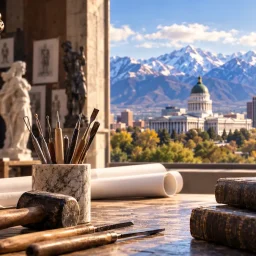 Statues.com sculpture studio with Utah Capitol and Wasatch Mountains