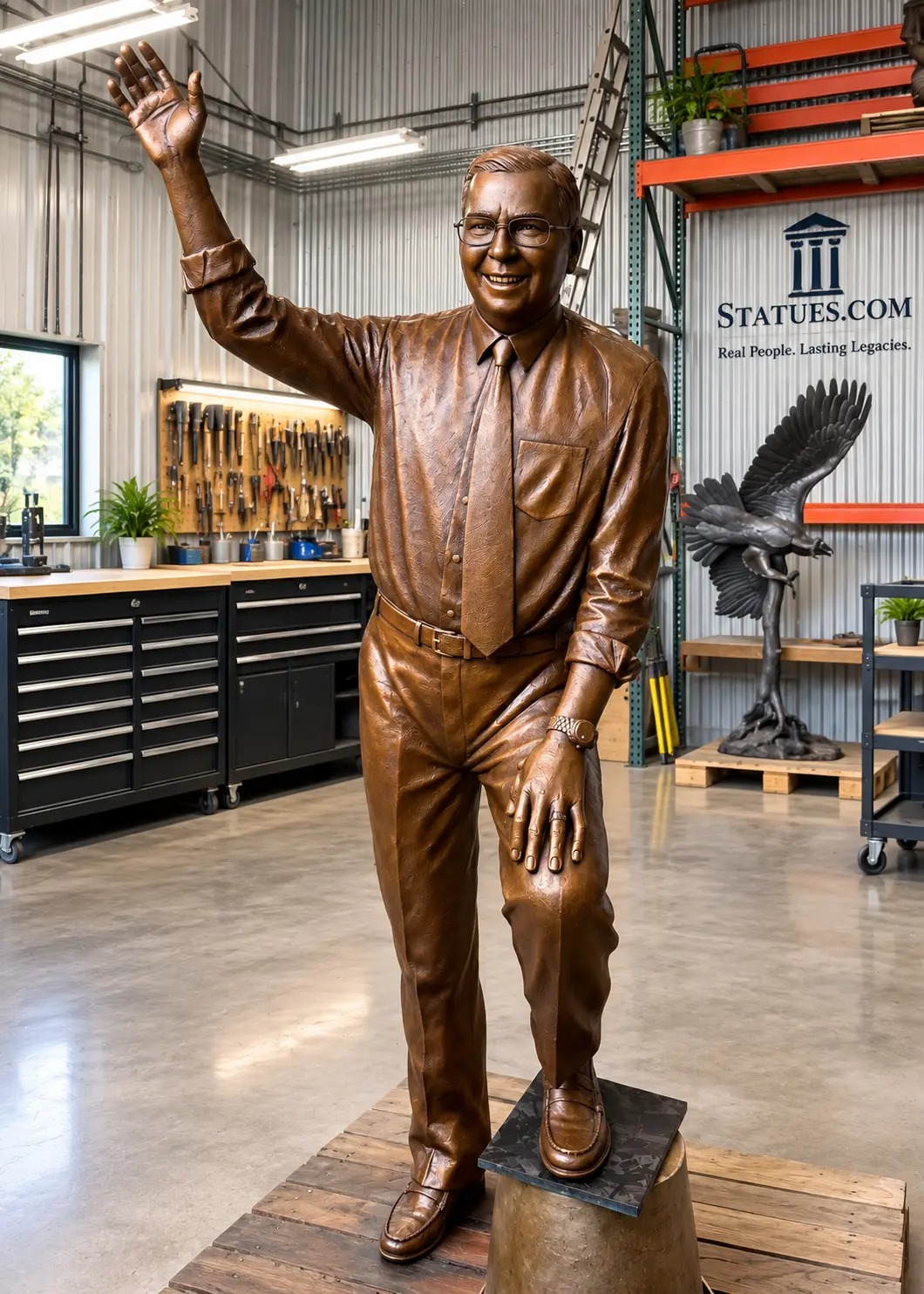 Finished Stew Leonard Sr. portrait statue in the Statues.com sculpture studio