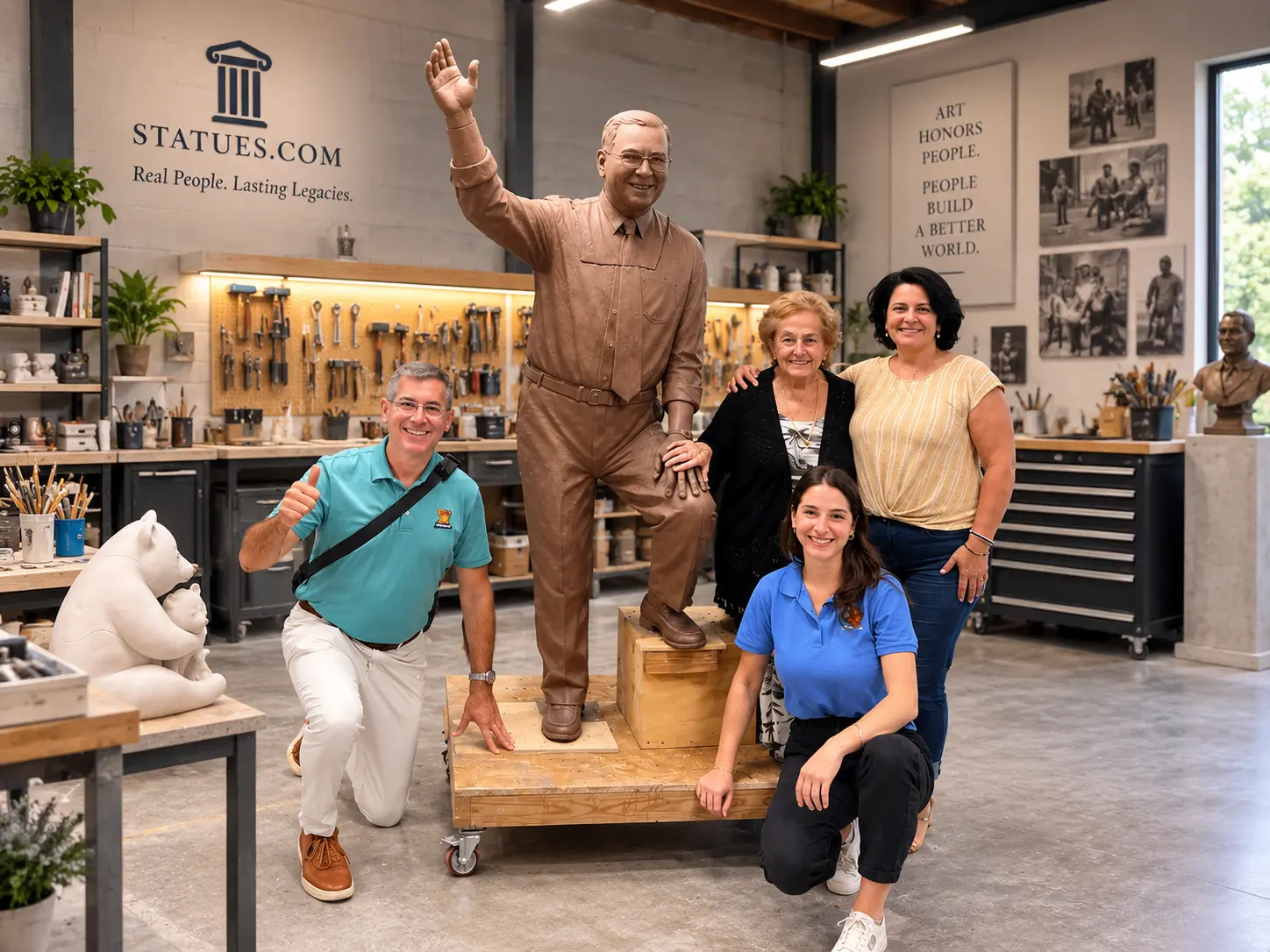 Stew Leonard Sr. statue with family during the sculpture process at Statues.com