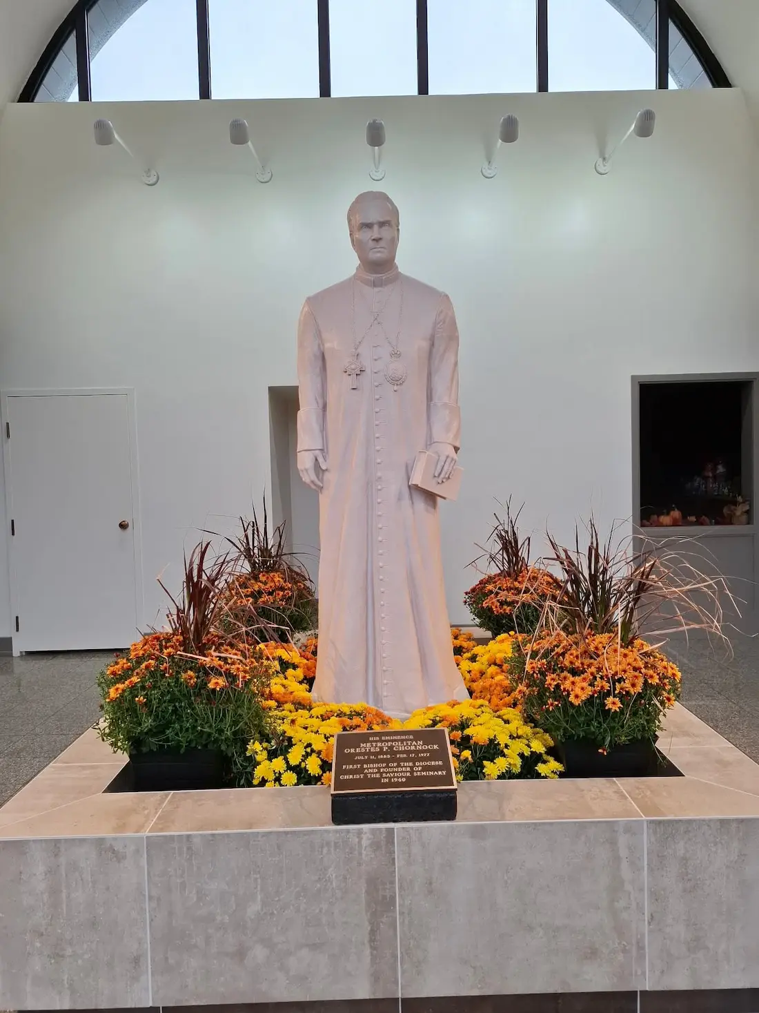 Life-size Metropolitan Orestes Chornock statue at Christ the Saviour Seminary in Johnstown, Pennsylvania